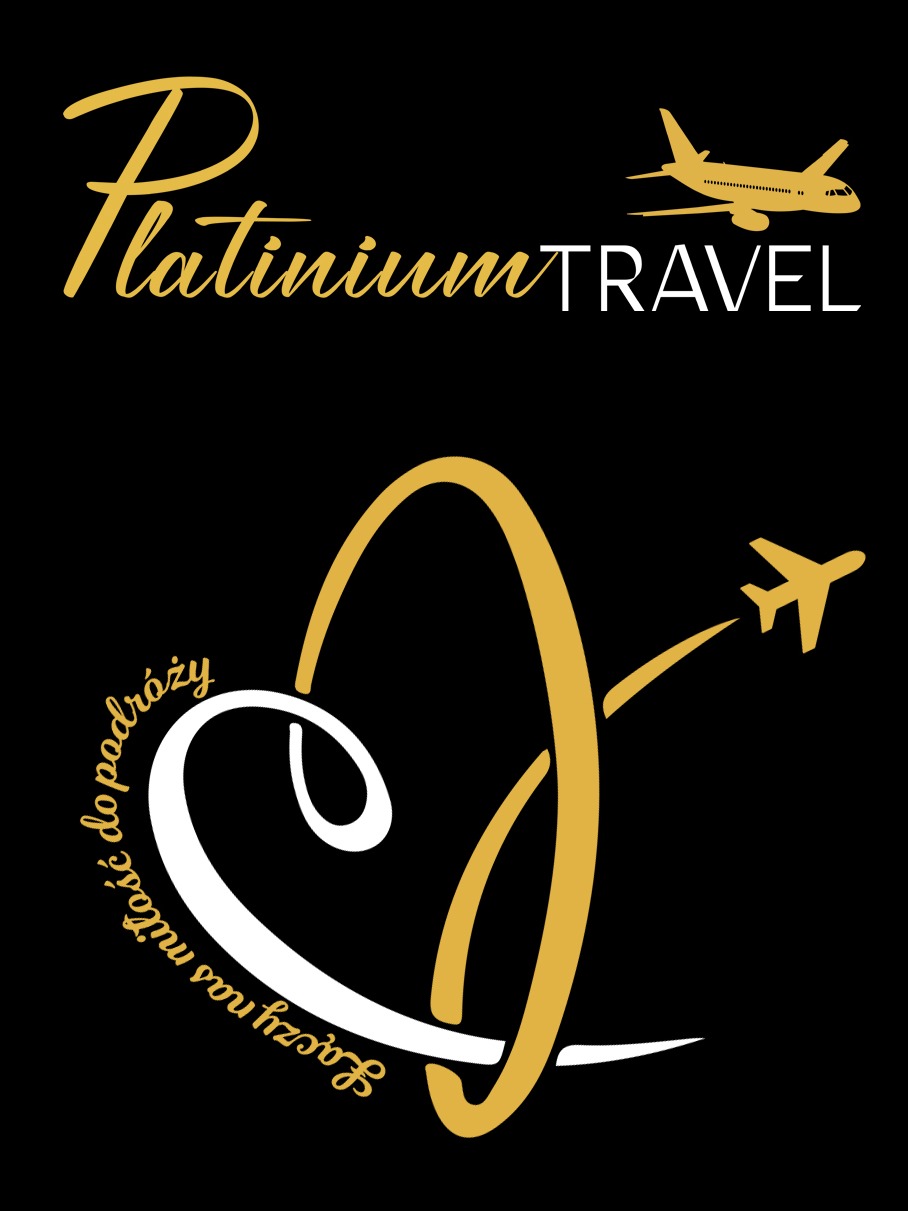 Logo firmy Platinum Travel z motywem samolotu i hasłem 'Łączymy nas miłość do podróży' w kolorach złotym i białym na czarnym tle.