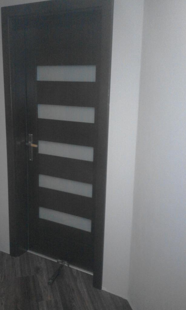 Ciemne, nowoczesne drzwi wewnętrzne z pięcioma poziomymi, matowymi przeszkleniami, zamontowane w białej ścianie na podłodze imitującej ciemne drewno.