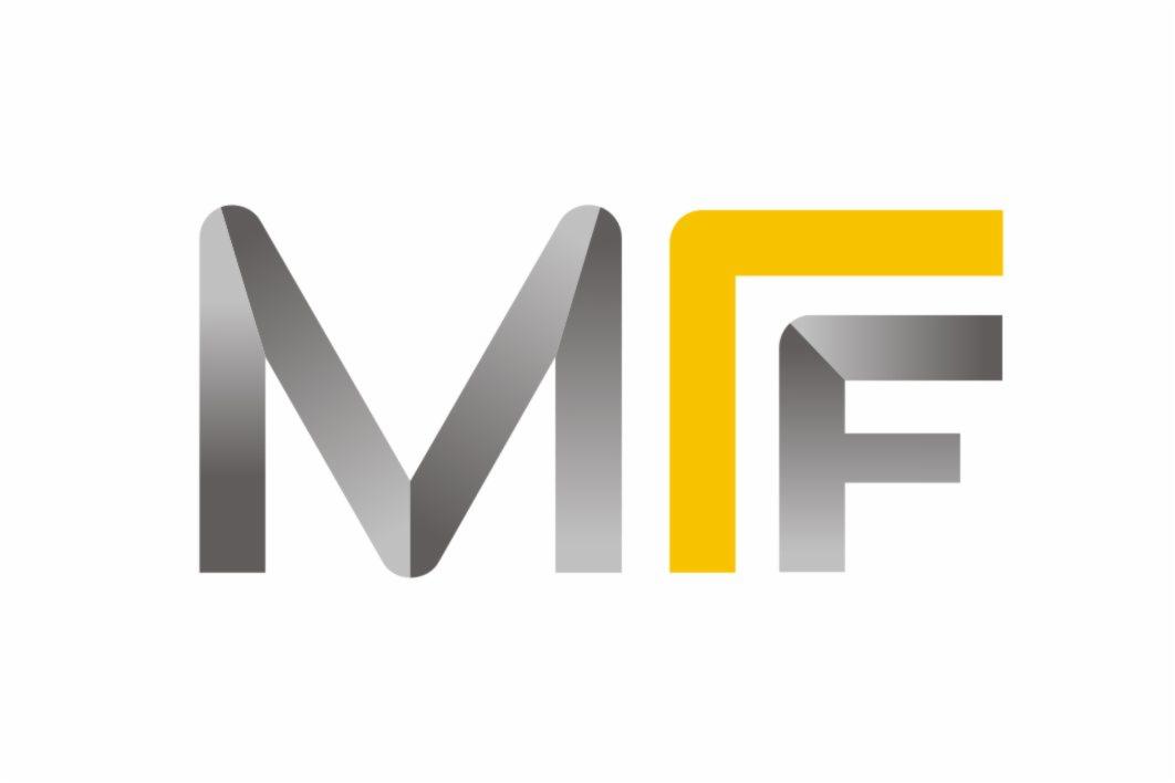 Graficzne logo firmy z inicjałami MF, litera M w odcieniach szarości, litera F z żółtym elementem w górnym lewym rogu, na białym tle.