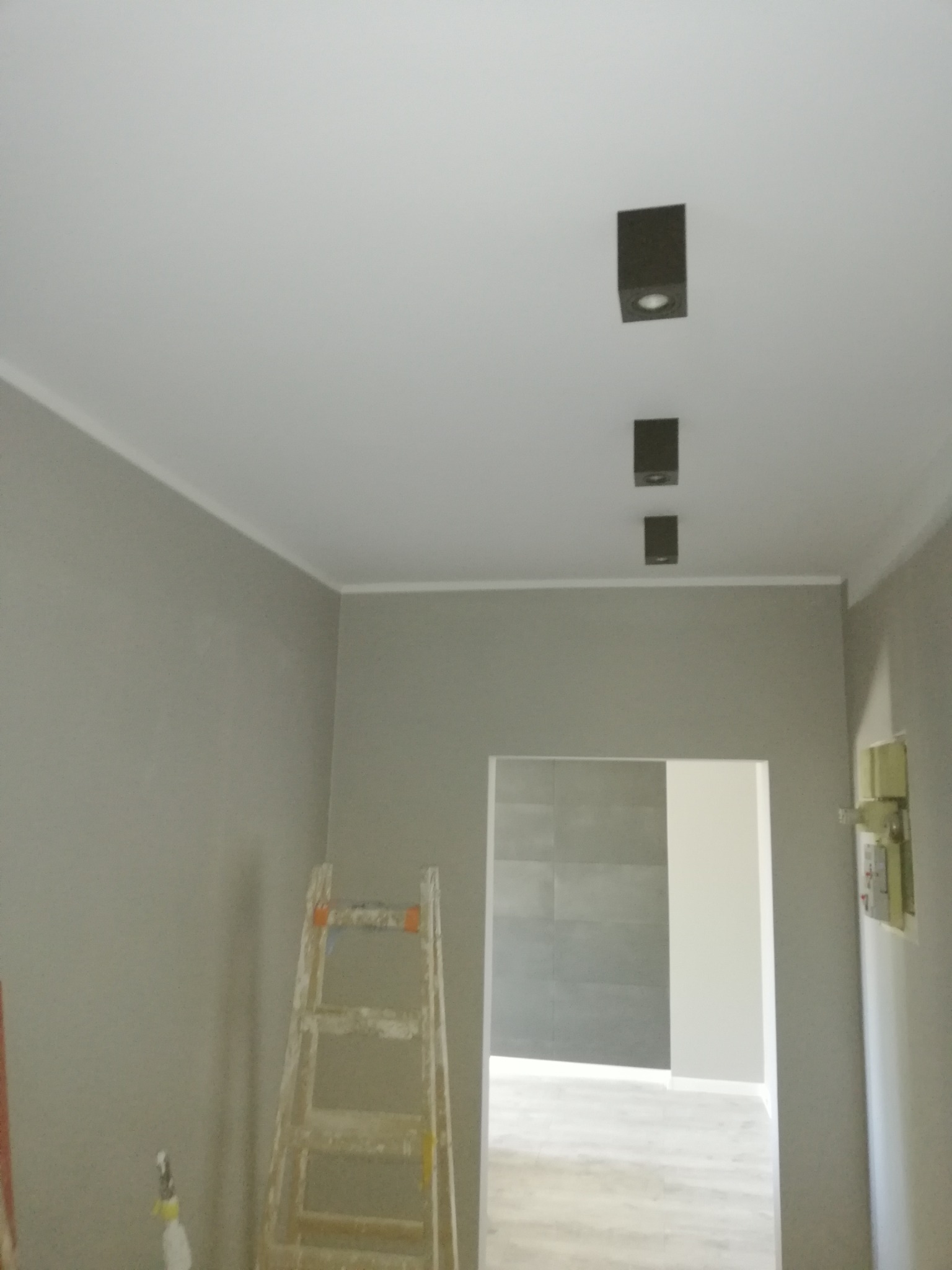 Wnętrze w trakcie malowania, ściany w odcieniach szarości, drabina oparta o ścianę, widoczne trzy czarne, kwadratowe lampy sufitowe, w tle widoczne wejście do innego pomieszczenia z szarą ścianą.