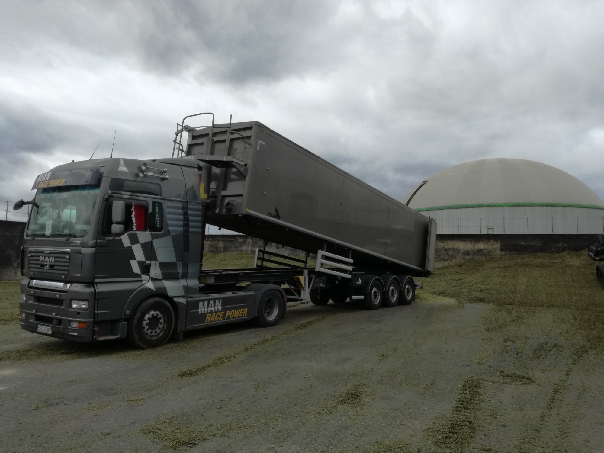 Ciężarówka MAN z naczepą wywrotką pod kątem, wysypująca zieloną masę na ziemię, w tle biogazownia pod pochmurnym niebem.