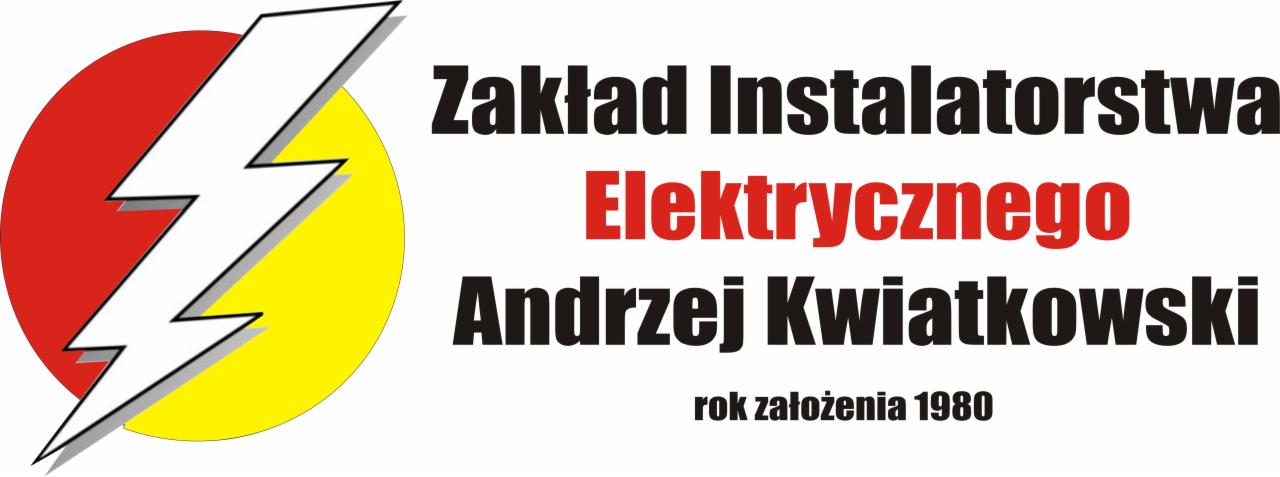Logo firmy Zakład Instalatorstwa Elektrycznego Andrzej Kwiatkowski, rok założenia 1980, z symbolem błyskawicy na tle czerwono-żółtego koła.