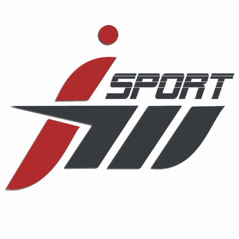 Logo firmy sportowej z czerwonym 'i' i szarym napisem SPORT oraz trzema ukośnymi szarymi elementami graficznymi.