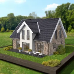 Wizualizacja dwukondygnacyjnego domu murowanego z białym tynkiem i ceglaną elewacją, czarną dachówką, balkonem z balustradą, patio z meblami ogrodowymi, otoczonego trawnikiem i niskim drewnianym...