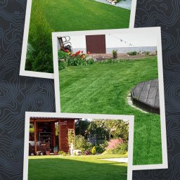 Usługi ogrodnicze Renata i Przemek Fabianowscy - Kompozycja trzech zdjęć przedstawiających zadbane trawniki z elementami architektury ogrodowej: altana, kwiaty i domek narzędziowy.