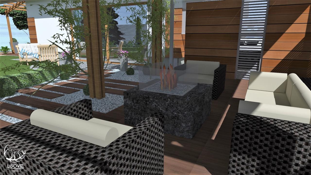 Wizualizacja projektu ogrodu - miejsce wypoczynkowe z paleniskiem