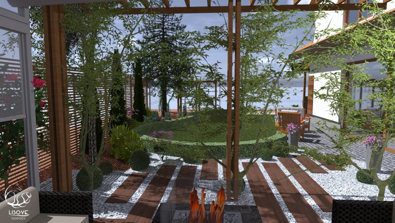 Wizualizacja projektu ogrodu - taras pod pergolą