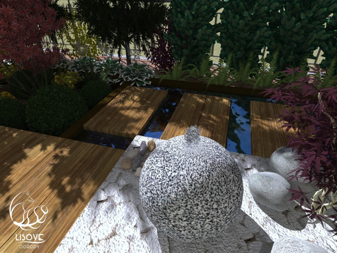 Mały ogród japoński z fontanną kulą ogrodową