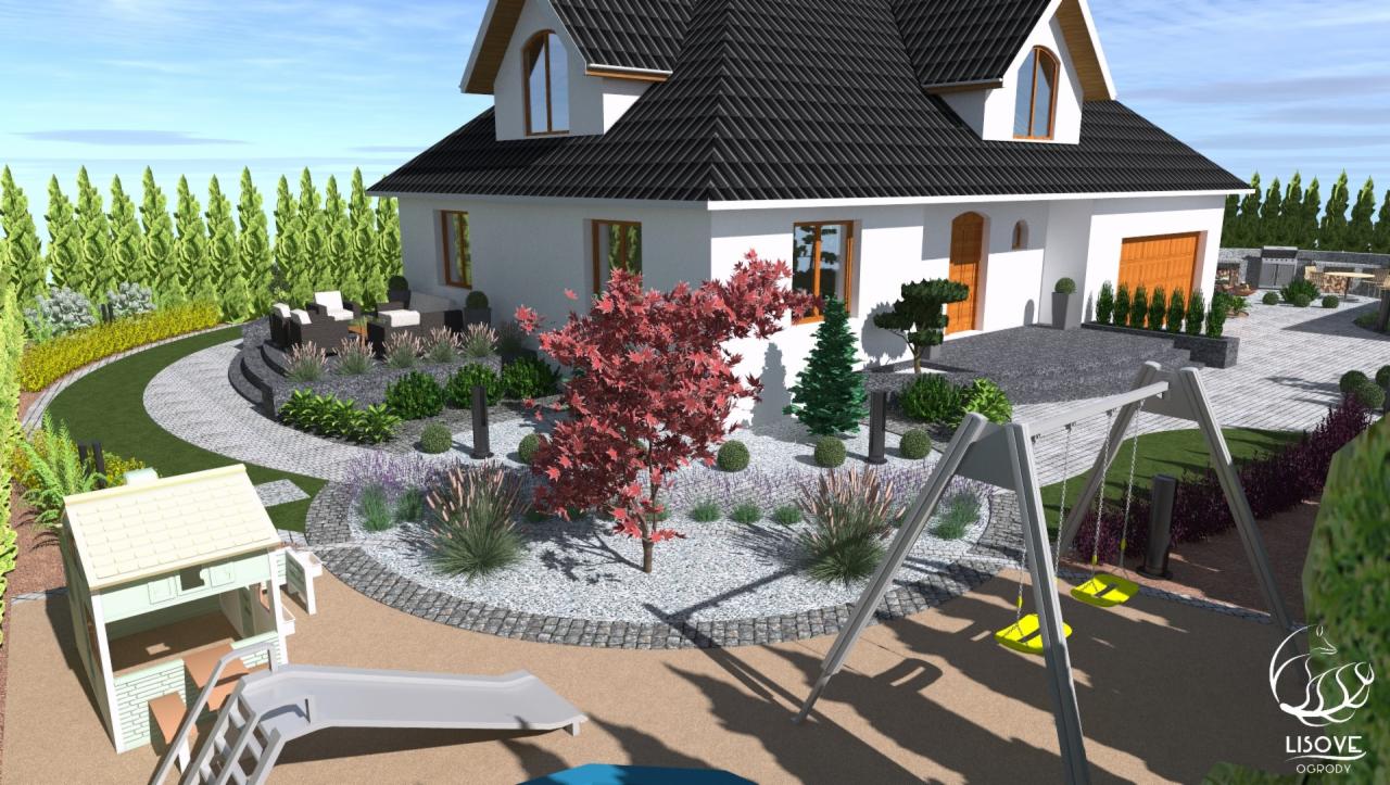 Ogród rodzinny nowoczesny z placem zabaw