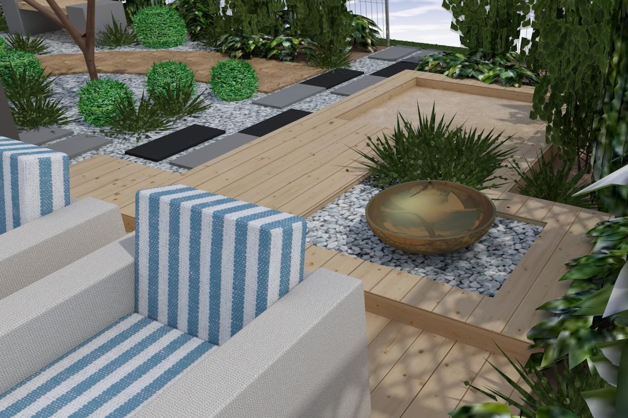 ogród nowoczesny z misą wodną