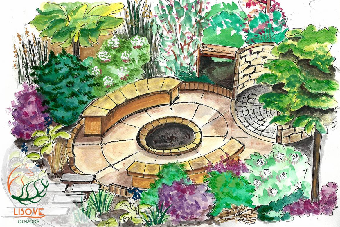 Okrągłe kamienne palenisko w ogrodzie naturalnym