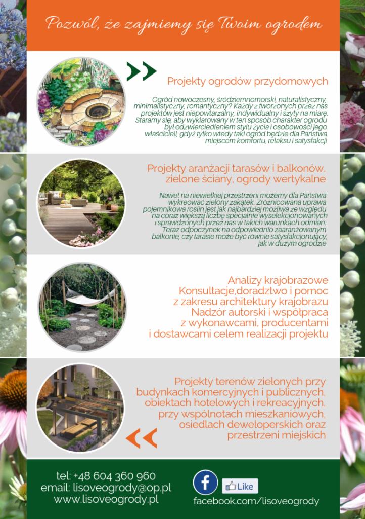 Grafika reklamowa firmy ogrodniczej prezentująca przykładowe realizacje: okrągły ogród z kamienną ścieżką, nowoczesny taras z drewnianą podłogą, hamak w ogrodzie oraz wizualizacja tarasu z pergolą,...