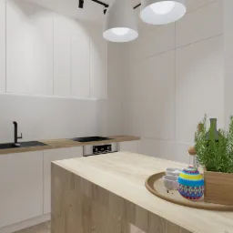 Wizualizacja minimalistycznej, jasnej kuchni z białymi szafkami, drewnianym blatem i wyspą, oświetleniem punktowym oraz dekoracyjnymi elementami jak butelka wina i zioła w doniczce na tacy.