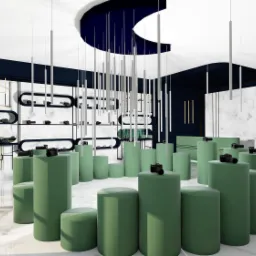 Wizualizacja wnętrza sklepu z aparatami fotograficznymi: ekspozycja na zielonych cylindrach, marmurowe ściany i podłoga, oświetlenie punktowe z sufitu, ciemnoniebieskie akcenty ścian.