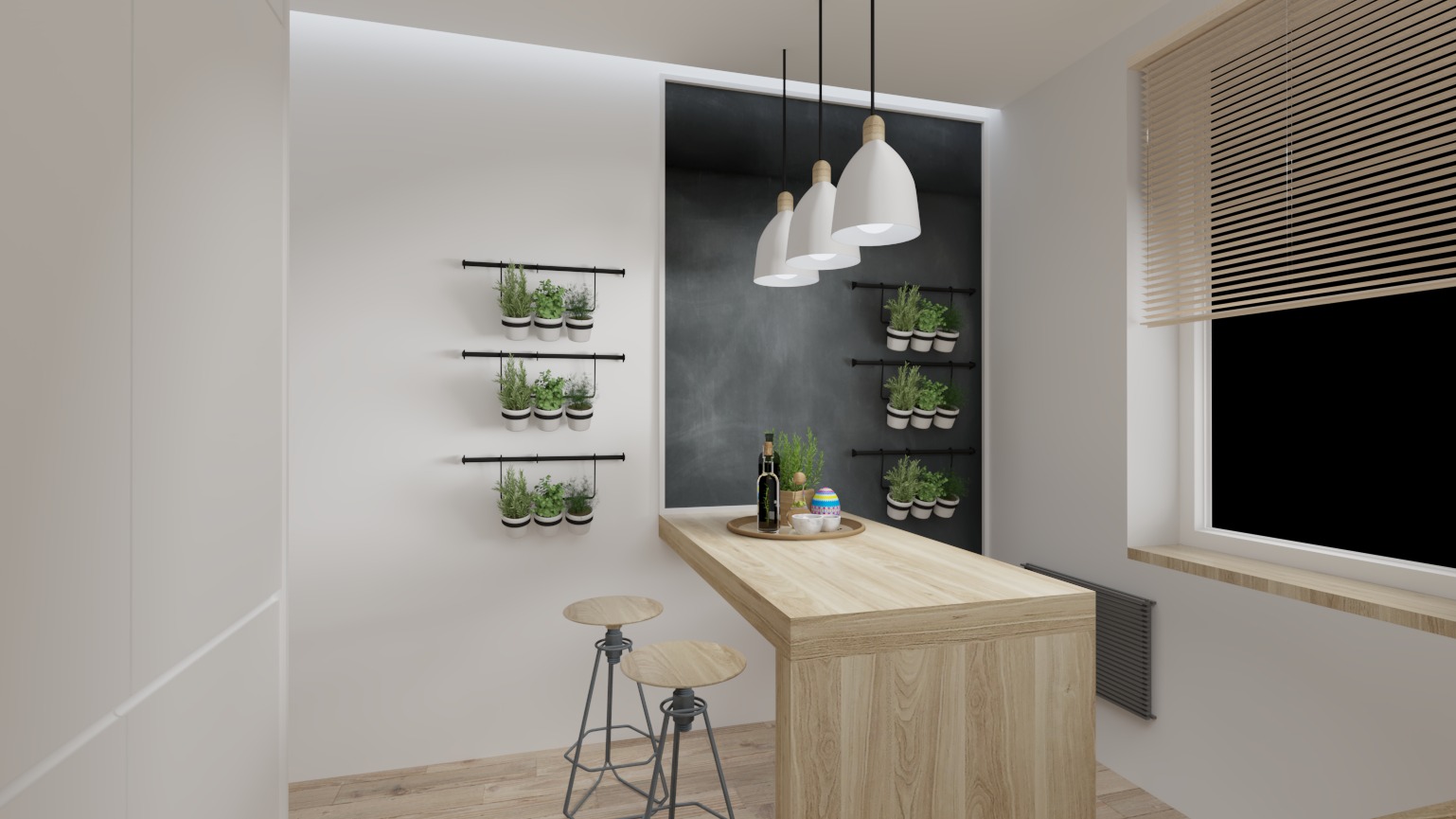 Wizualizacja kuchni z drewnianym blatem barowym, trzema białymi lampami wiszącymi, dwoma hokerami, pionowym ogrodem ziołowym na ścianie i butelką oliwy na blacie.