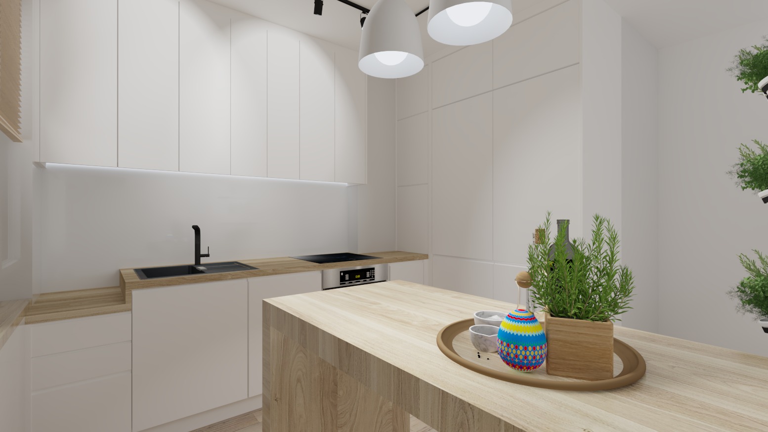 Wizualizacja minimalistycznej, jasnej kuchni z białymi szafkami, drewnianym blatem i wyspą, oświetleniem punktowym oraz dekoracyjnymi elementami jak butelka wina i zioła w doniczce na tacy.