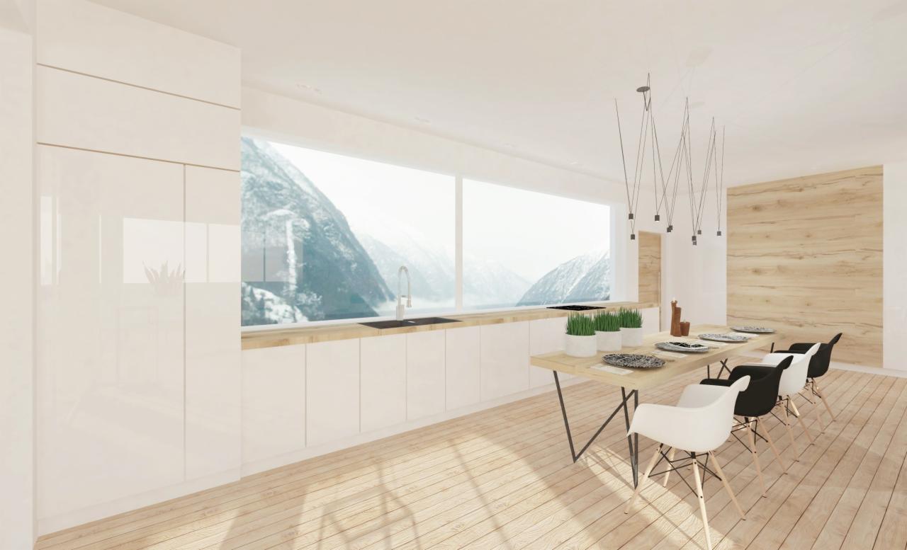 Jasna kuchnia z widokiem na góry za dużym oknem, minimalistyczny stół z krzesłami w kolorach czerni i bieli, wiszące lampy.