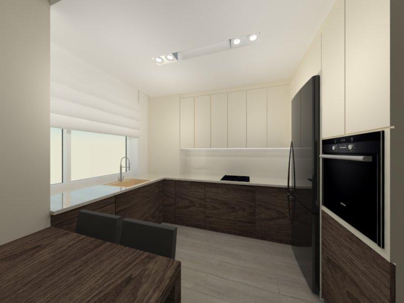 Wizualizacja nowoczesnej kuchni z drewnianymi szafkami dolnymi i jasnymi górnymi, czarnym piekarnikiem i lodówką, widok na okno z roletą rzymską i stół z krzesłami w tle.