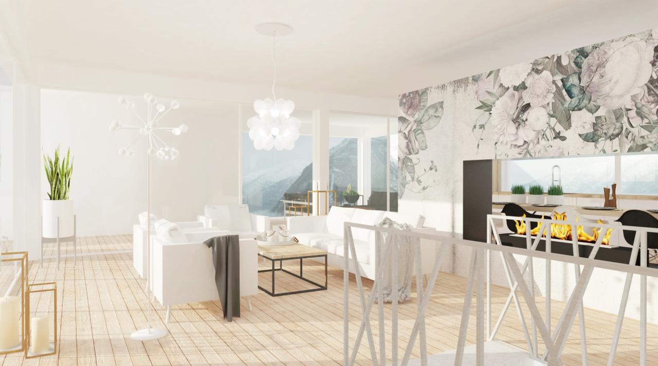 Jasne, przestronne wnętrze z białymi meblami, drewnianą podłogą i akcentem kwiatowej tapety na ścianie, uzupełnione nowoczesnym kominkiem i widokiem na góry za oknem.