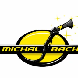 Logo firmy 'PRO MICHAŁ BACHORZ' z stylizowaną dyszą odkurzacza i ż&oacute;łtymi gwiazdkami na białym tle.