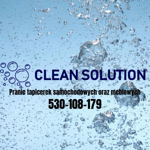 Grafika reklamowa: 'Clean Solution' z numerem telefonu i tekstem 'Pranie tapicerek samochodowych oraz meblowych' na tle błękitnej wody z bąbelkami.