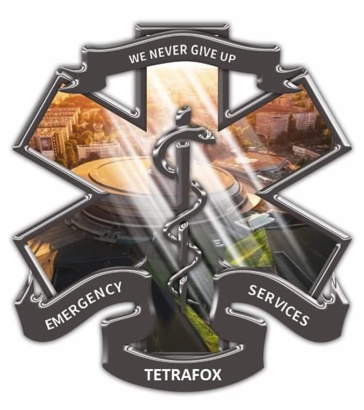 Stylizowane logo firmy TetraFox Emergency Services z symbolem Eskulapa na tle miejskiego krajobrazu i hasłem 'We Never Give Up'.