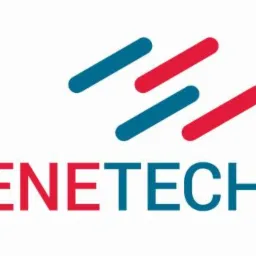 Logo firmy Enetech z trzema ukośnymi kreskami w kolorach czerwonym i niebieskim nad nazwą firmy