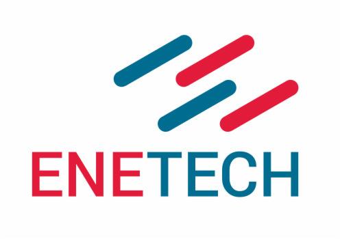 Logo firmy Enetech z trzema ukośnymi kreskami w kolorach czerwonym i niebieskim nad nazwą firmy