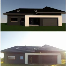 Dwuczęściowe porównanie wizualizacji 3D i fotografii ukończonego, parterowego domu jednorodzinnego z płaskim dachem, antracytową elewacją i białym podcieniem nad wejściem oraz bramą garażową.