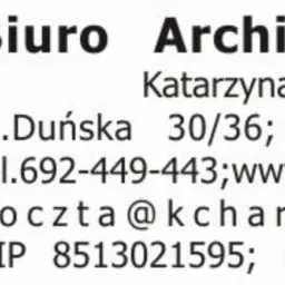 Logo biura architektonicznego KCh z adresem, numerem telefonu i adresem e-mail.