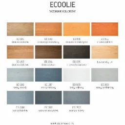 Wzornik kolorów impregnatów do drewna marki Ecooolie firmy Koopmans, prezentujący odcienie od orzecha i pomarańczy po szarości i biel, z nazwami kolorów i numerami identyfikacyjnymi.