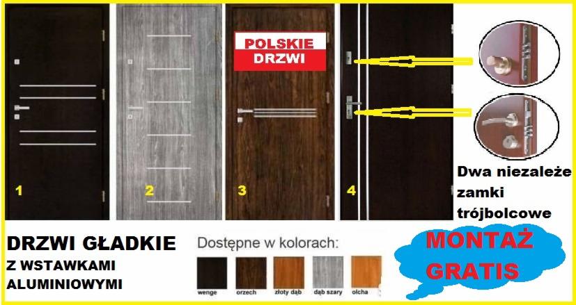 Ekspozycja czterech różnych modeli skrzydeł z gładką powierzchnią i aluminiowymi wstawkami, prezentacja dostępnych kolorów wykończenia oraz informacji o dwóch niezależnych zamkach trójbolcowych...