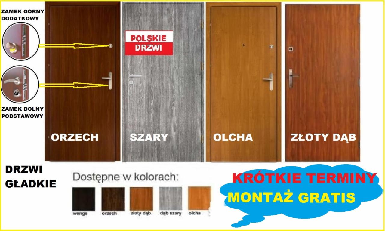 Prezentacja gładkich skrzydeł w odcieniach orzecha, szarości, olchy i złotego dębu, z detalami zamków i informacją o dostępnych kolorach oraz promocji na montaż.