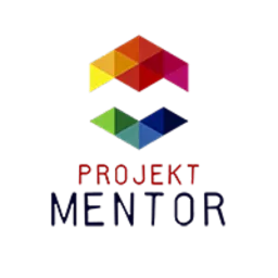 Kolorowy, geometryczny logotyp 'Projekt Mentor' na czarnym tle. Górna część to odwrócony trapez z trójkątów, dolna - lustrzane odbicie, tworzące romb.