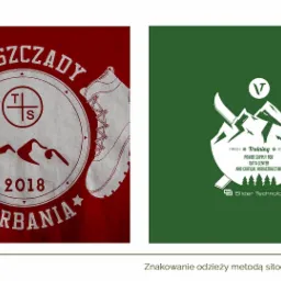Grafika przedstawiająca dwa projekty nadruków na odzieży: po lewej czerwona koszulka z motywem górskim i napisem 'Bieszczady' oraz butem trekkingowym, po prawej zielona koszulka z logo firmy...