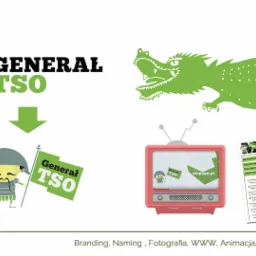 Grafika koncepcyjna brandingu restauracji General TSO, prezentująca logo, maskotkę, telewizor z reklamą online i menu w charakterystycznej zielonej kolorystyce.