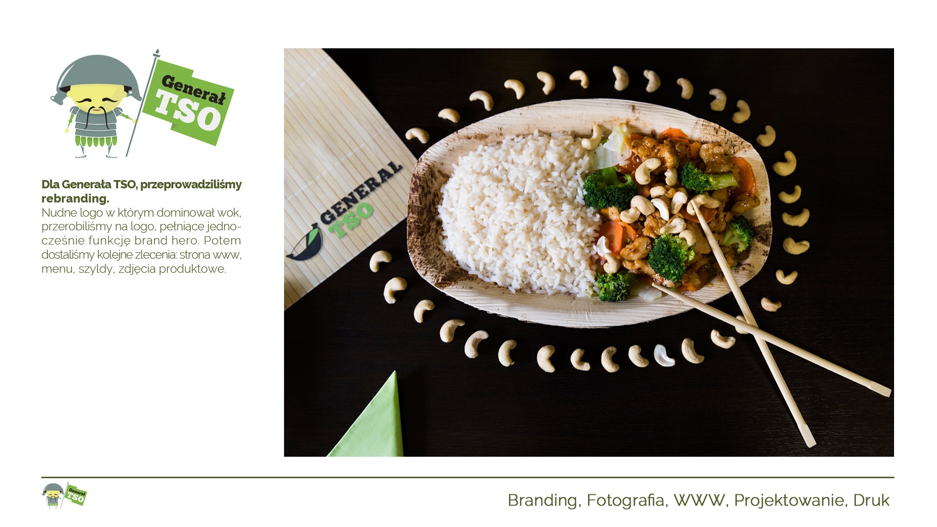 Zdjęcie dania z ryżem, kurczakiem, brokułami i orzechami nerkowca na talerzu z naturalnego materiału, otoczonego orzechami, z pałeczkami, obok logo firmy General TSO i zielonej serwetki.