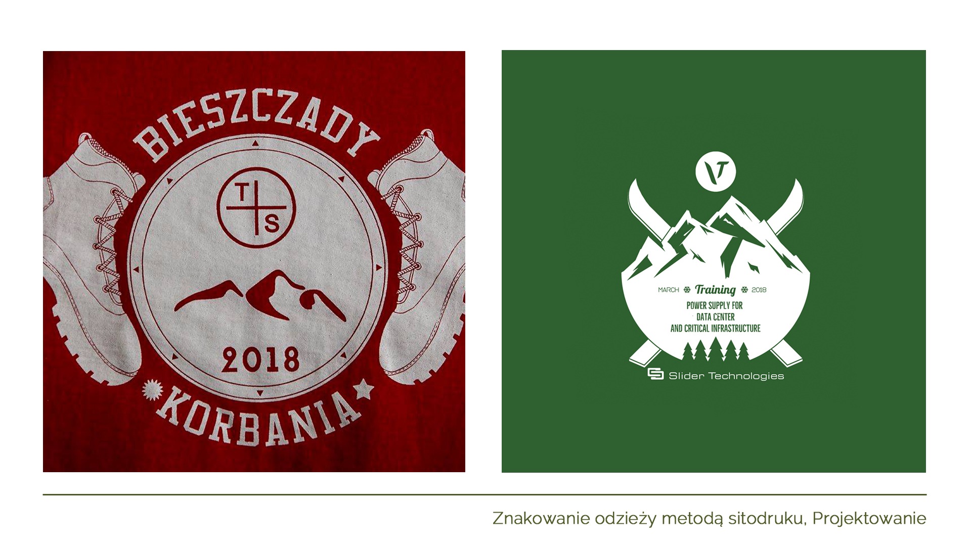 Grafika przedstawiająca dwa projekty nadruków na odzieży: po lewej czerwona koszulka z motywem górskim i napisem 'Bieszczady' oraz butem trekkingowym, po prawej zielona koszulka z logo firmy...