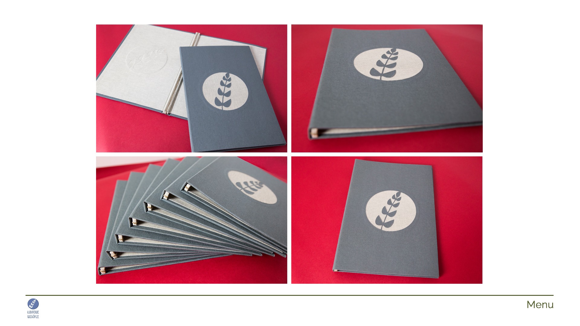 Kompozycja z czterema ujęciami szarych okładek menu z roślinnym motywem na białym owalu, na czerwonym tle. Widoczne detale łączeń okładek i układ kilku okładek w stosie.