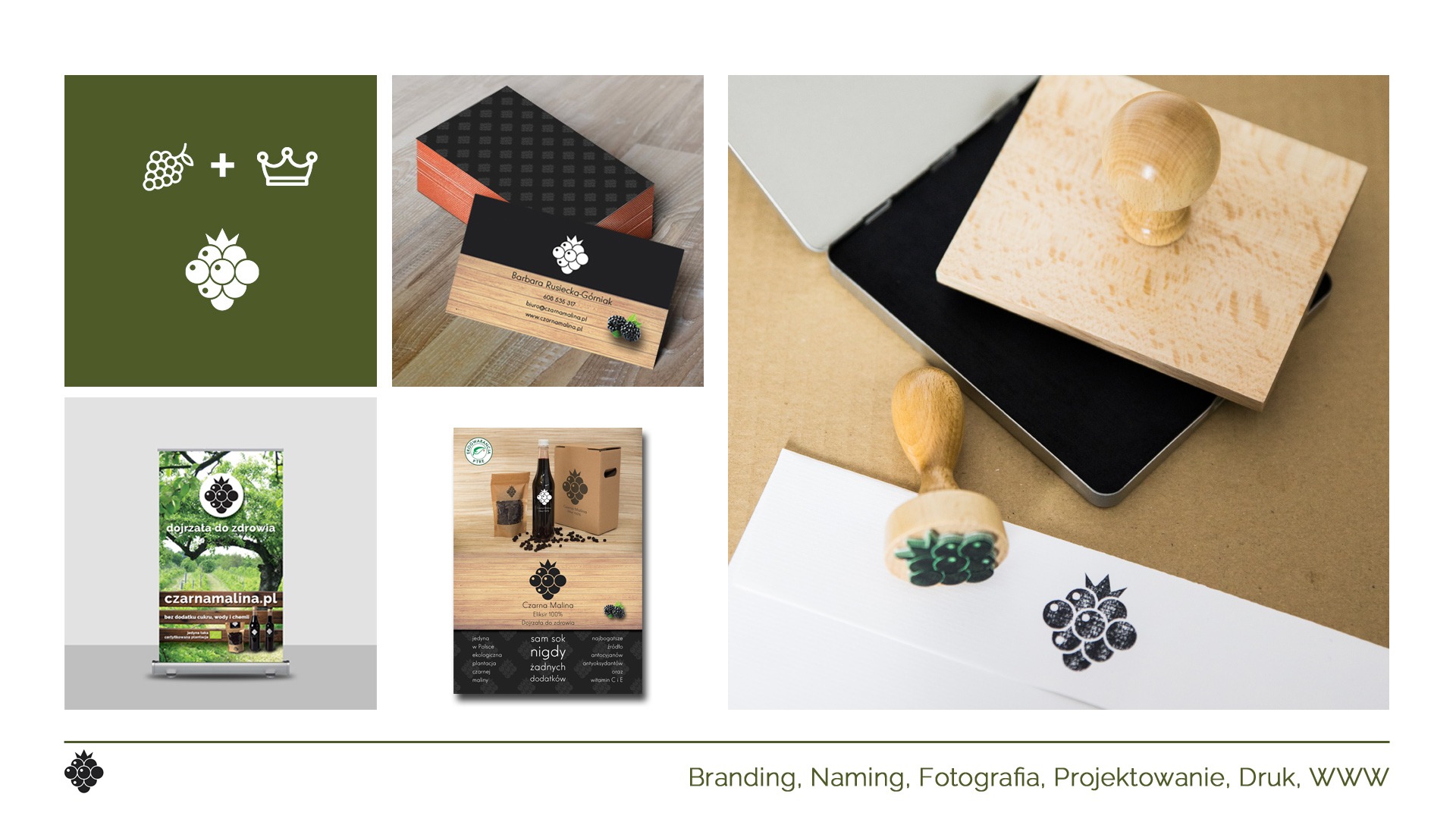 Zestaw materiałów brandingowych: wizytówki z motywem czarnej maliny na drewnianym tle, stempel z logo czarnej maliny, ulotka reklamowa i roll-up.