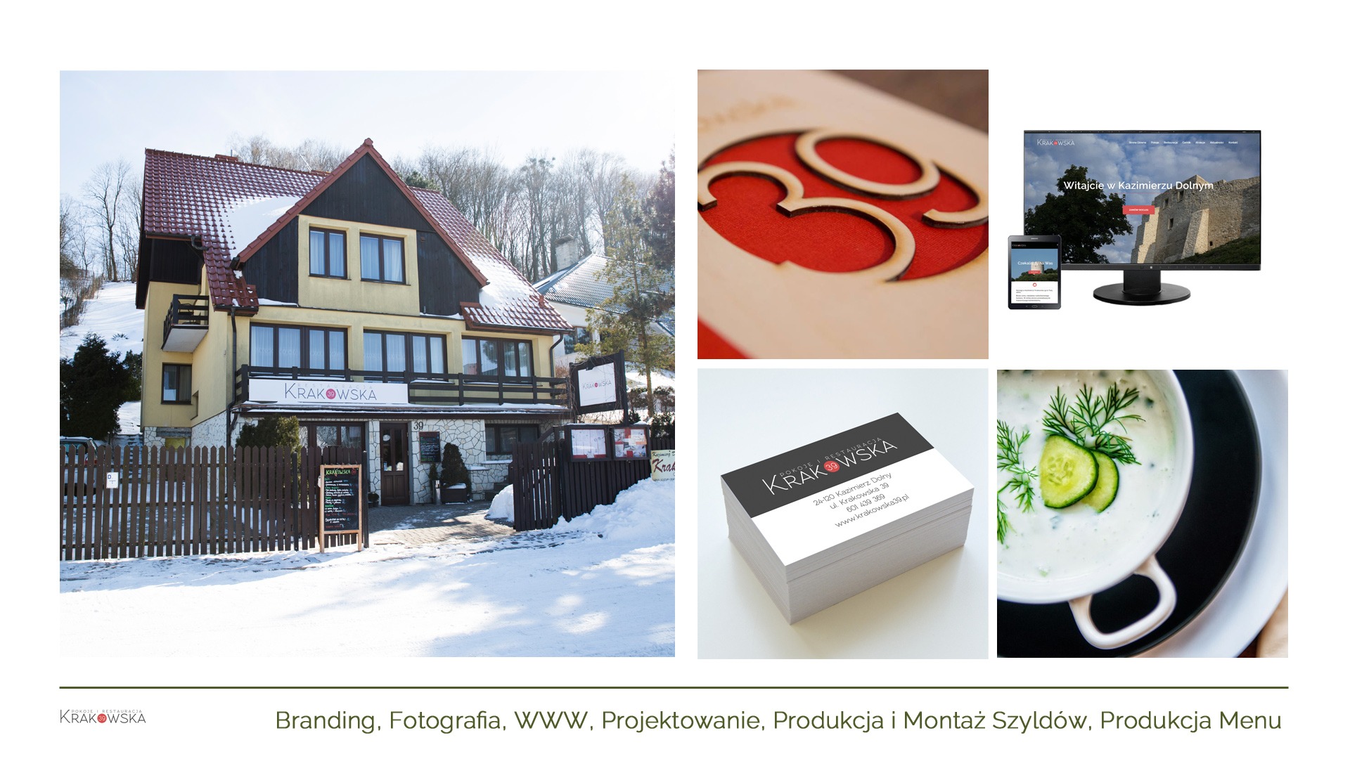 Kompozycja kolażu zdjęć prezentujących branding i materiały promocyjne restauracji: budynek restauracji zimą, wycięty numer 39, wizytówki, strona internetowa na monitorze i telefonie, chłodnik.
