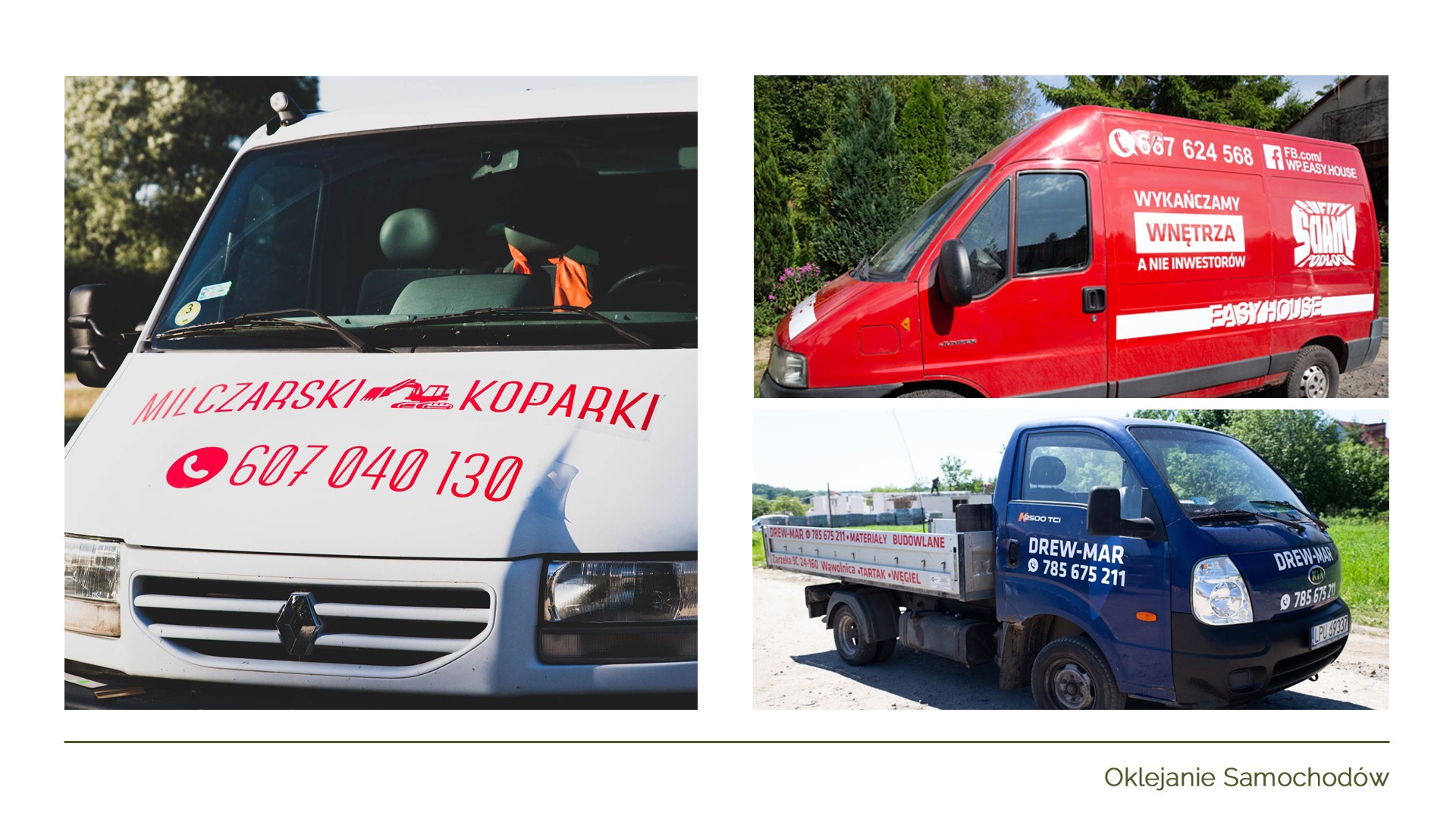 Trzy samochody dostawcze z oklejoną reklamą różnych firm, w tym koparki, materiały budowlane oraz wykończenia wnętrz.