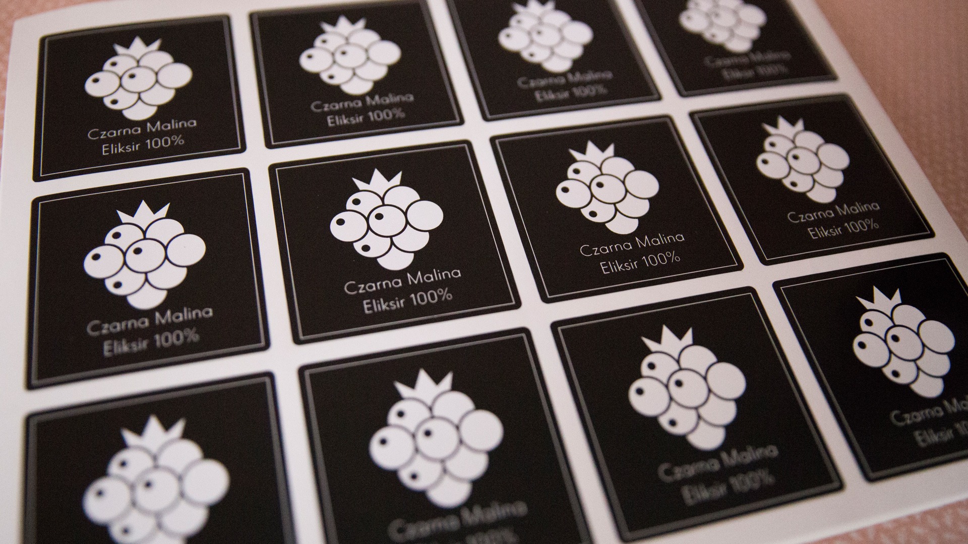 Arkusz z naklejkami w czarno-białej kolorystyce, prezentujący graficzne logo czarnej maliny z napisem 'Czarna Malina Eliksir 100%'. Naklejki przeznaczone do etykietowania produktów z Wąwolnicy.