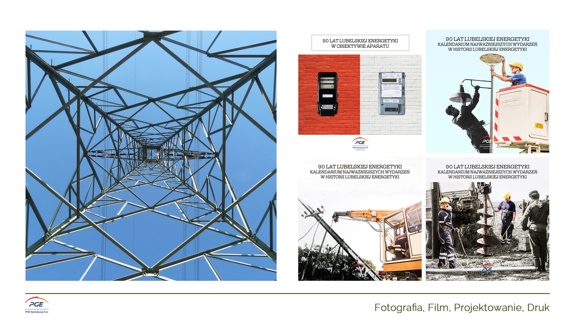 Kolaż zdjęć z okazji 90-lecia Lubelskiej Energetyki, prezentujący słup wysokiego napięcia z perspektywy żabiej, liczniki energii, prace konserwacyjne przy oświetleniu ulicznym oraz prace ziemne...