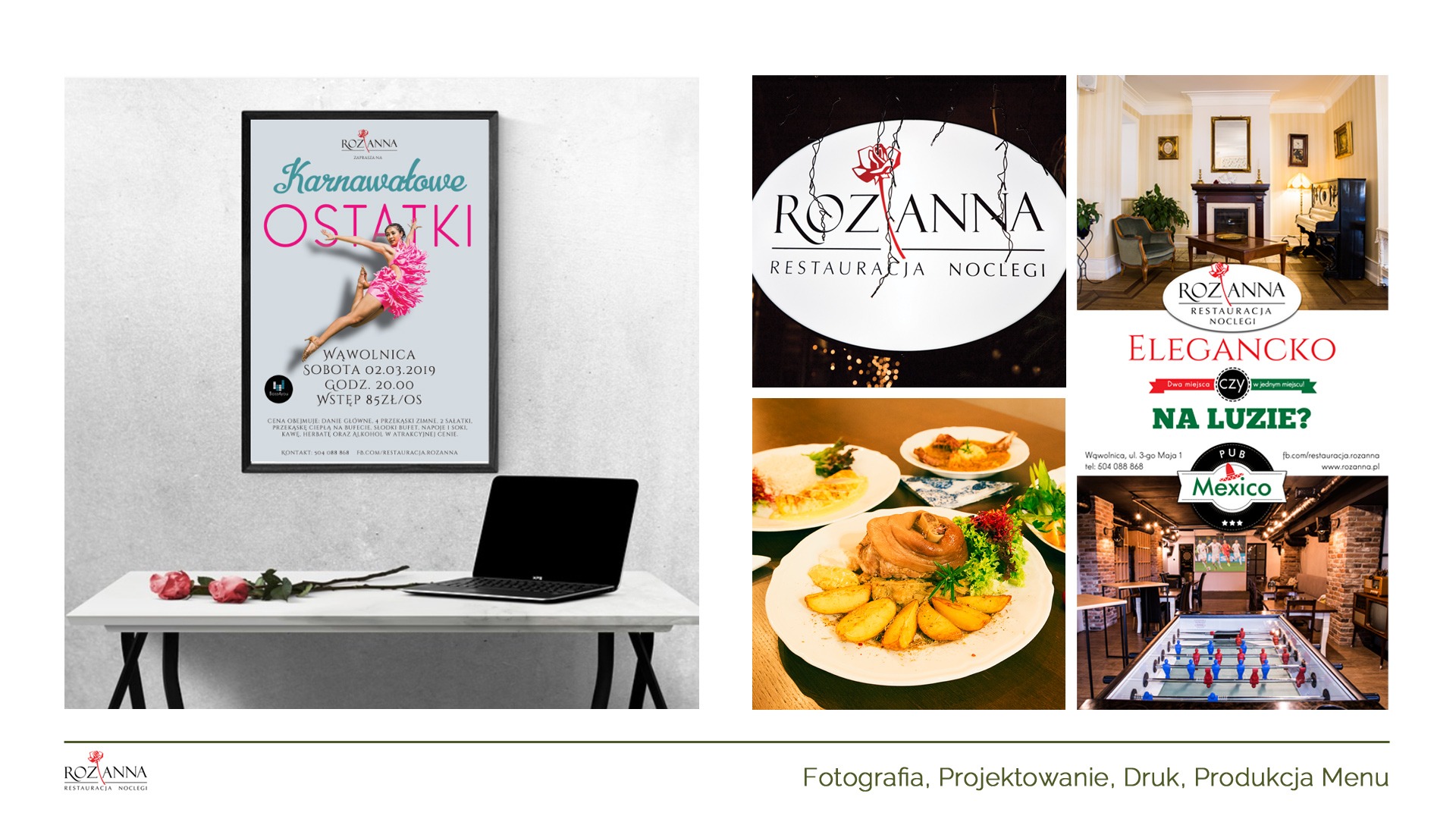 Kolaż zdjęć z restauracji Rozanna: plakat z zaproszeniem na karnawałowe ostatki, logo restauracji, wnętrze, dania z menu i pub Mexico w restauracji.