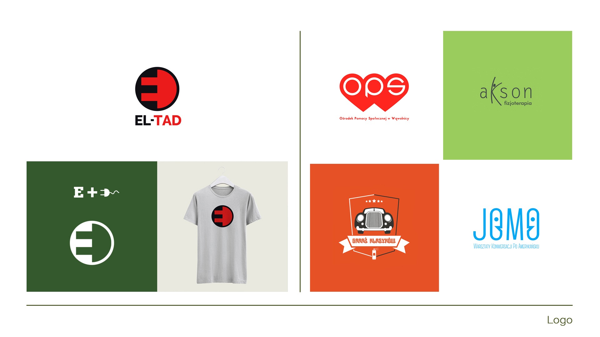 Zestaw sześciu różnych logotypów firm na białym tle, zróżnicowane kolorystycznie i tematycznie, w tym logo z literą E, serce, samochód retro i napis 'fizjoterapia'.