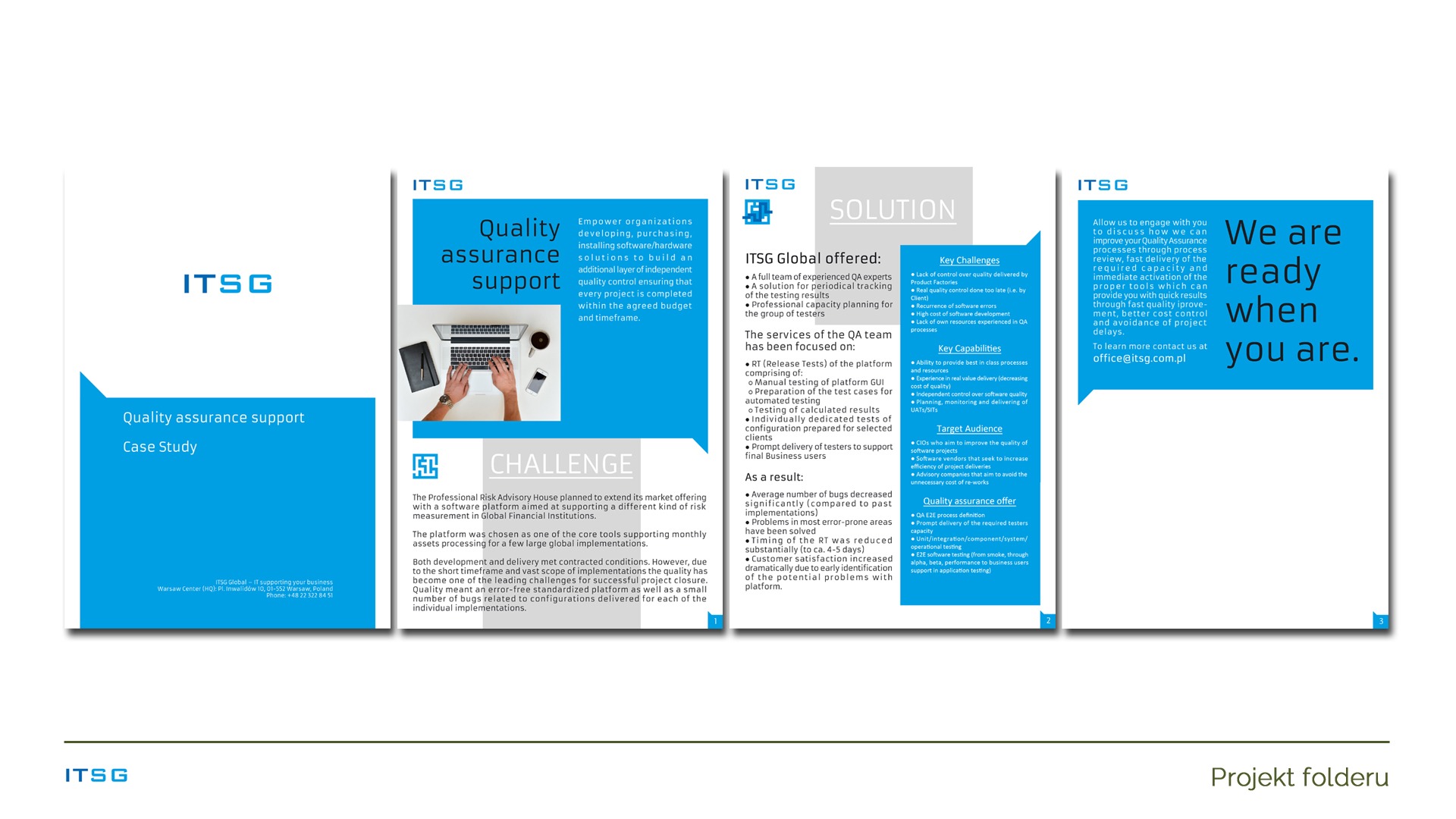 Ulotka reklamowa firmy ITSG oferującej wsparcie w zapewnianiu jakości oprogramowania, z widocznym fragmentem biurka z laptopem i dłońmi programisty.