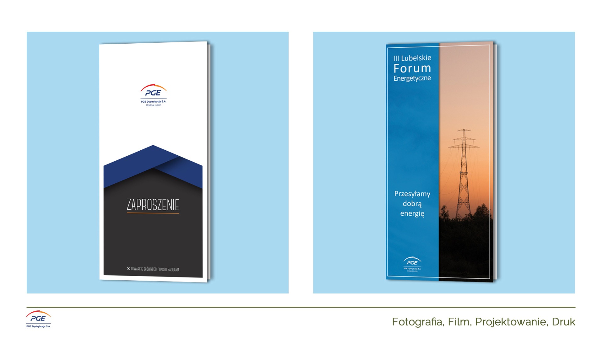 Dwa projekty graficzne ulotek reklamowych PGE, jedna z zaproszeniem na otwarcie punktu zasilania, druga promująca III Lubelskie Forum Energetyczne z motywem słupa wysokiego napięcia o zachodzie...