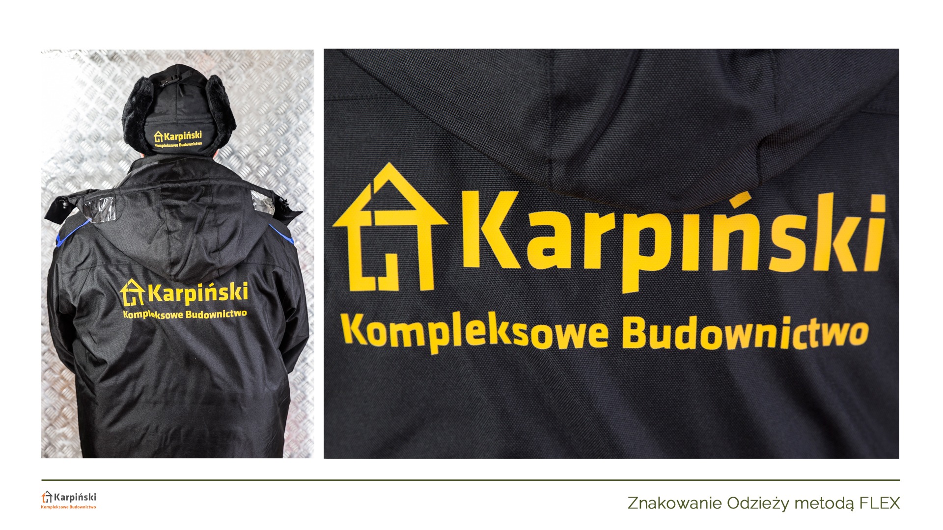 Czarna kurtka robocza i czapka z nausznikami, na plecach i czapce nadruk żółtym kolorem logo firmy budowlanej Karpiński Kompleksowe Budownictwo, widok z tyłu na tle metalowej ściany.