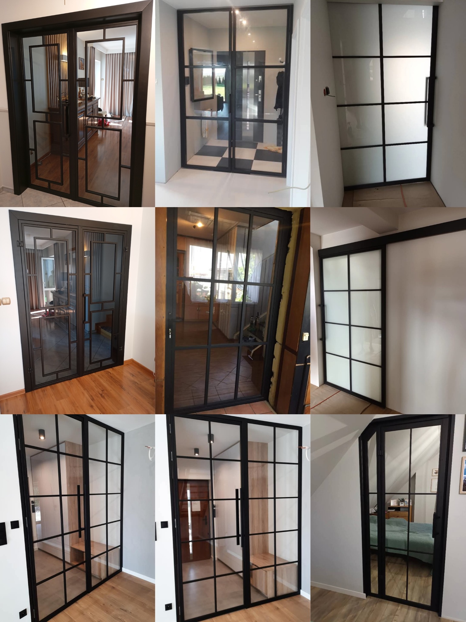 Kolekcja szklanych drzwi wewnętrznych z czarnymi metalowymi ramami, w różnych konfiguracjach i stylach, w tym drzwi przesuwne i dwuskrzydłowe, z widokiem na różne pomieszczenia.